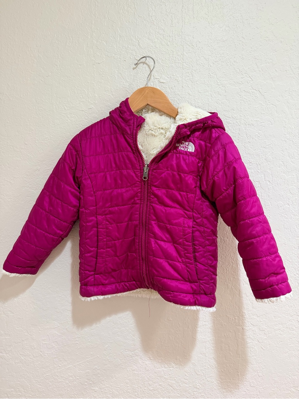 The North Face Girls' Fuchsia Quilted Jacket with Sherpa Hood